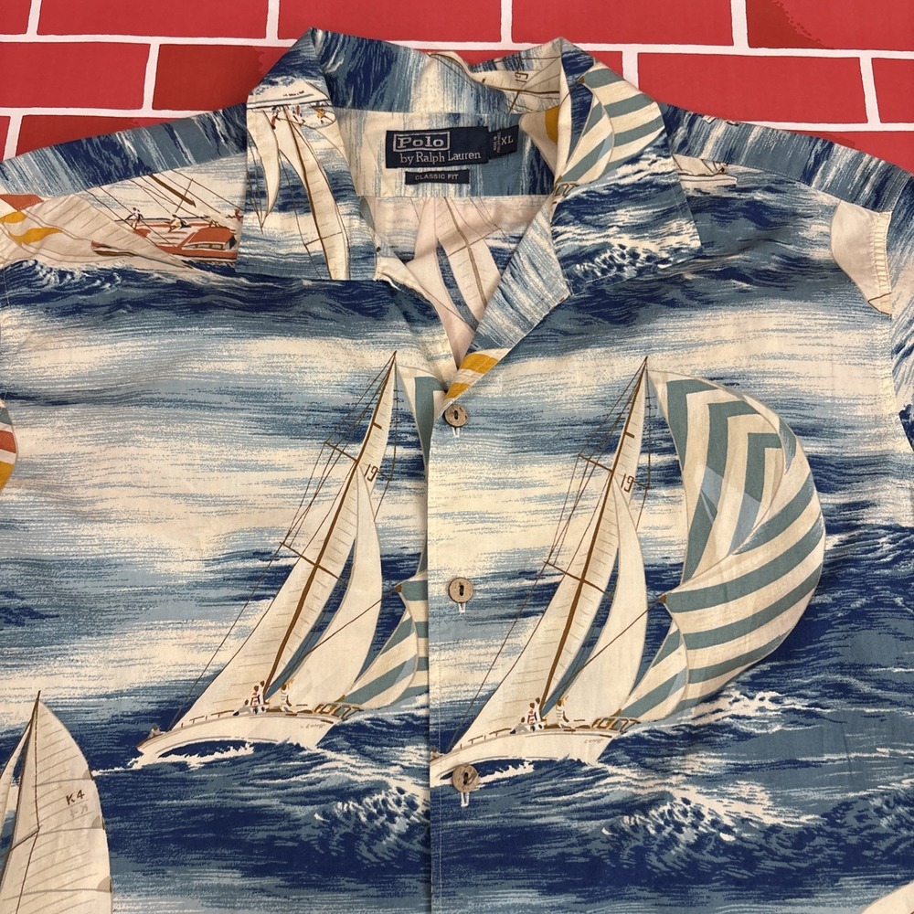 Polo Ralph Lauren Hawaiian Shirt Mens XL Blue Sailing Boats Nautical Print